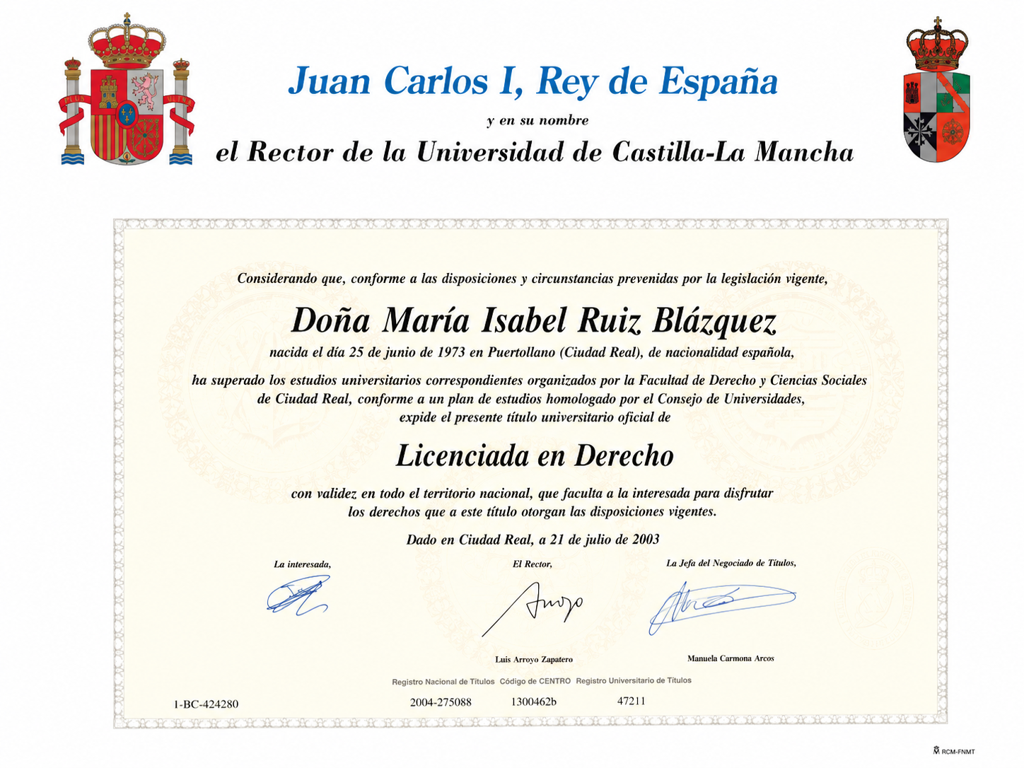 Título de Licenciada en Derecho de María Isabel Ruiz Blázquez